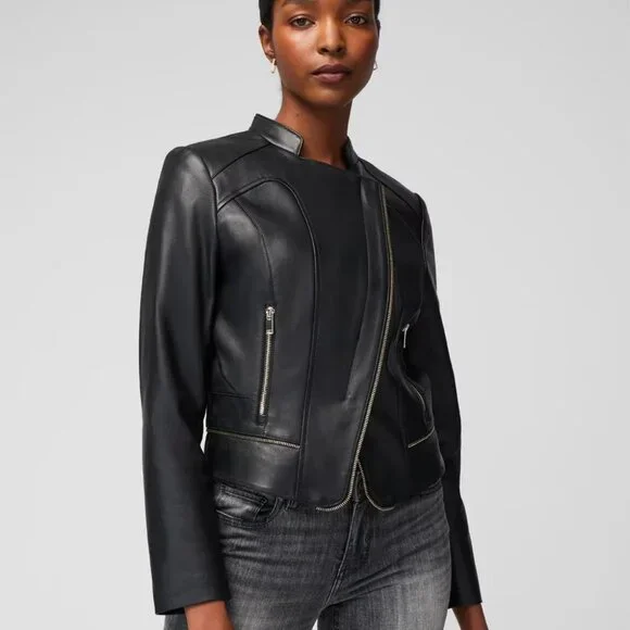 WHBM $500 GENUINE LEATHER Zipped Moto Jacket Black Soft 2 6 8 10 14 - Picture 2 of 6